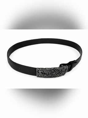 CARLISLE Vintage Black Leather Belt with Ornate Silver Buckle S / M